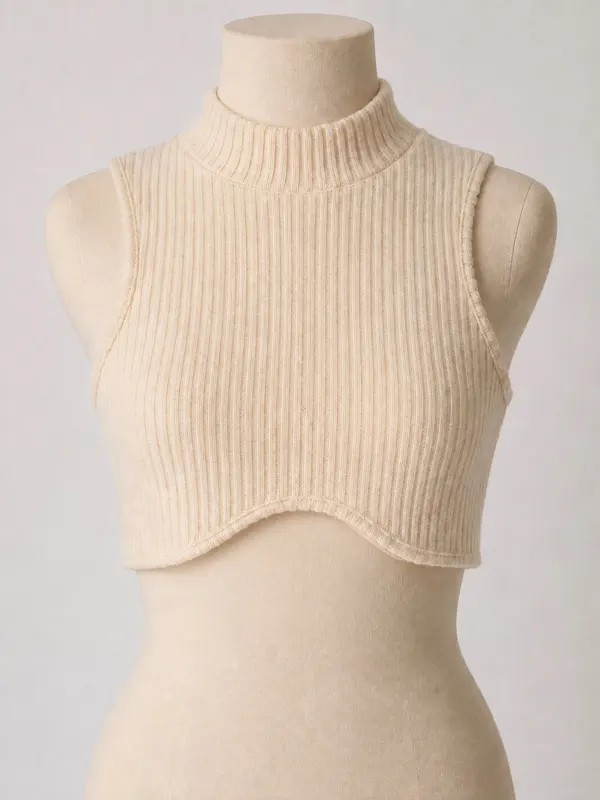 Women's Beige Ribbed Knit Mock Neck Sleeveless Cropped Tank Top Size XS