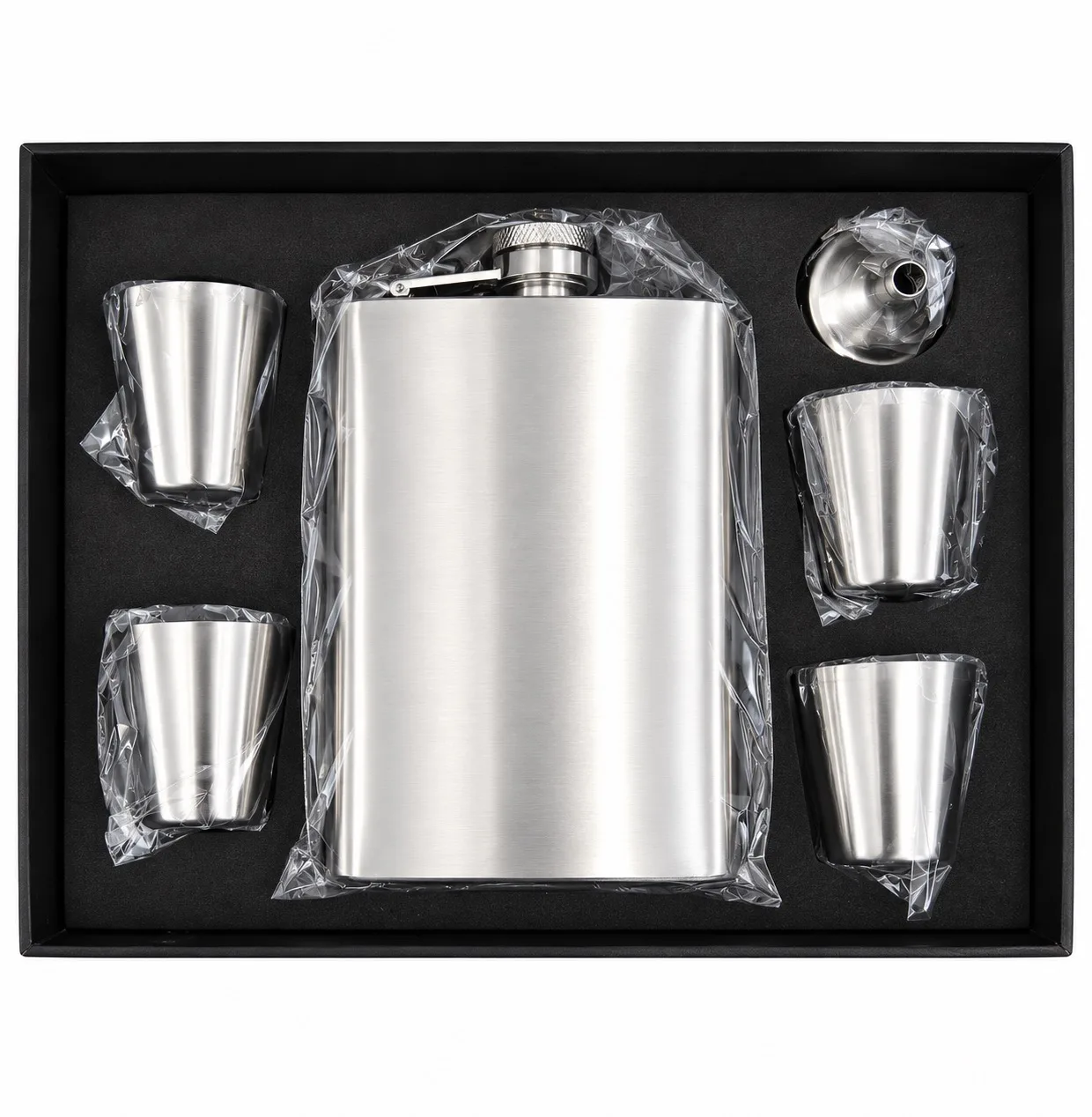 8oz Stainless Steel Hip Flask Set Silver Gift Box 4 Shot Glasses & Funnel – photo 2