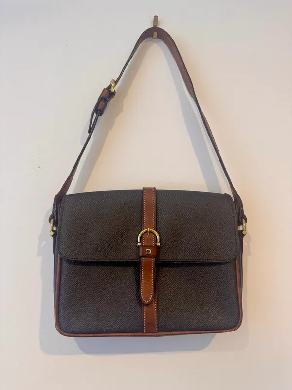 Vintage Etienne Aigner Lamb Leather Shoulder Bag Black Brown Buckle Gold Italy