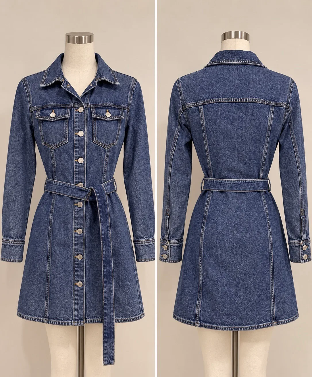 ZARA Blue Denim Button Front Collared Belted Long Sleeve Dress Size S AU 6 AU 8 – photo 2