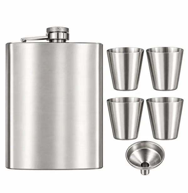 8oz Stainless Steel Hip Flask Set Silver Gift Box 4 Shot Glasses & Funnel