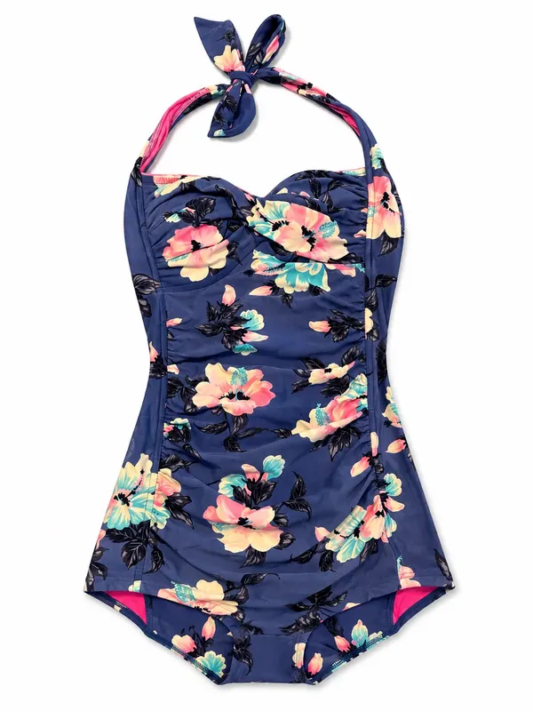 Seafolly Women's Floral Halter One Piece Swimsuit Lined Stretch Blue Size 10