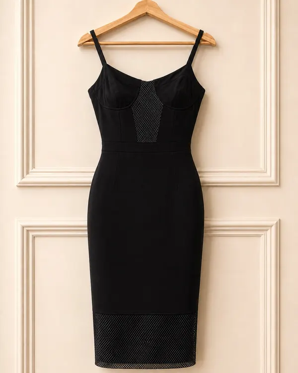 Witchery Black Sweetheart Mesh Adjustable Strap Sleeveless Midi Pencil Dress 8
