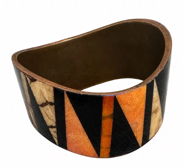 Vintage Retro Wide Geometric Inlay Oval Bangle Bracelet Cuff Black Orange Beige