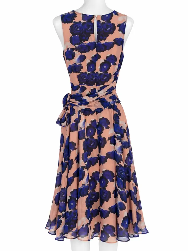 David Lawrence Pink Blue Floral Round Neck Sleeveless Midi 100% Silk Size AU 12