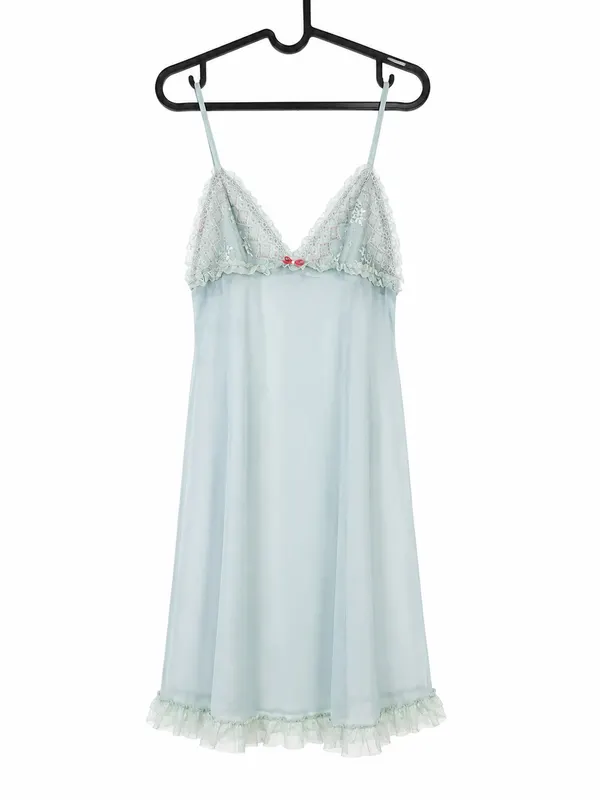 Women's Light Blue Lace Trim Chemise Lingerie Nightie V- Neck Sleeveless Size L
