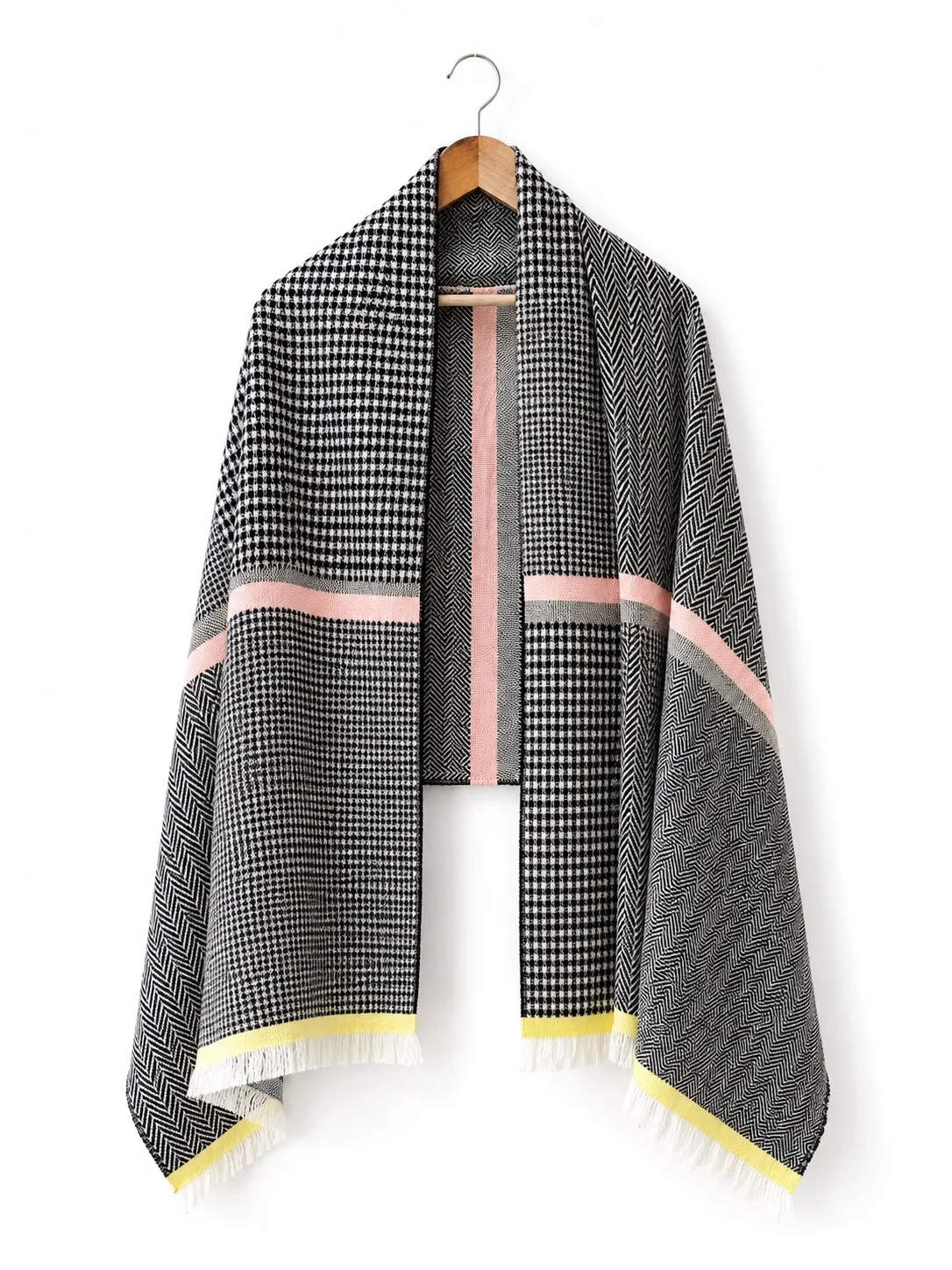 French Connection Black White Check Knit Fringe Scarf Shawl Throw Pink Stripe — photo 3