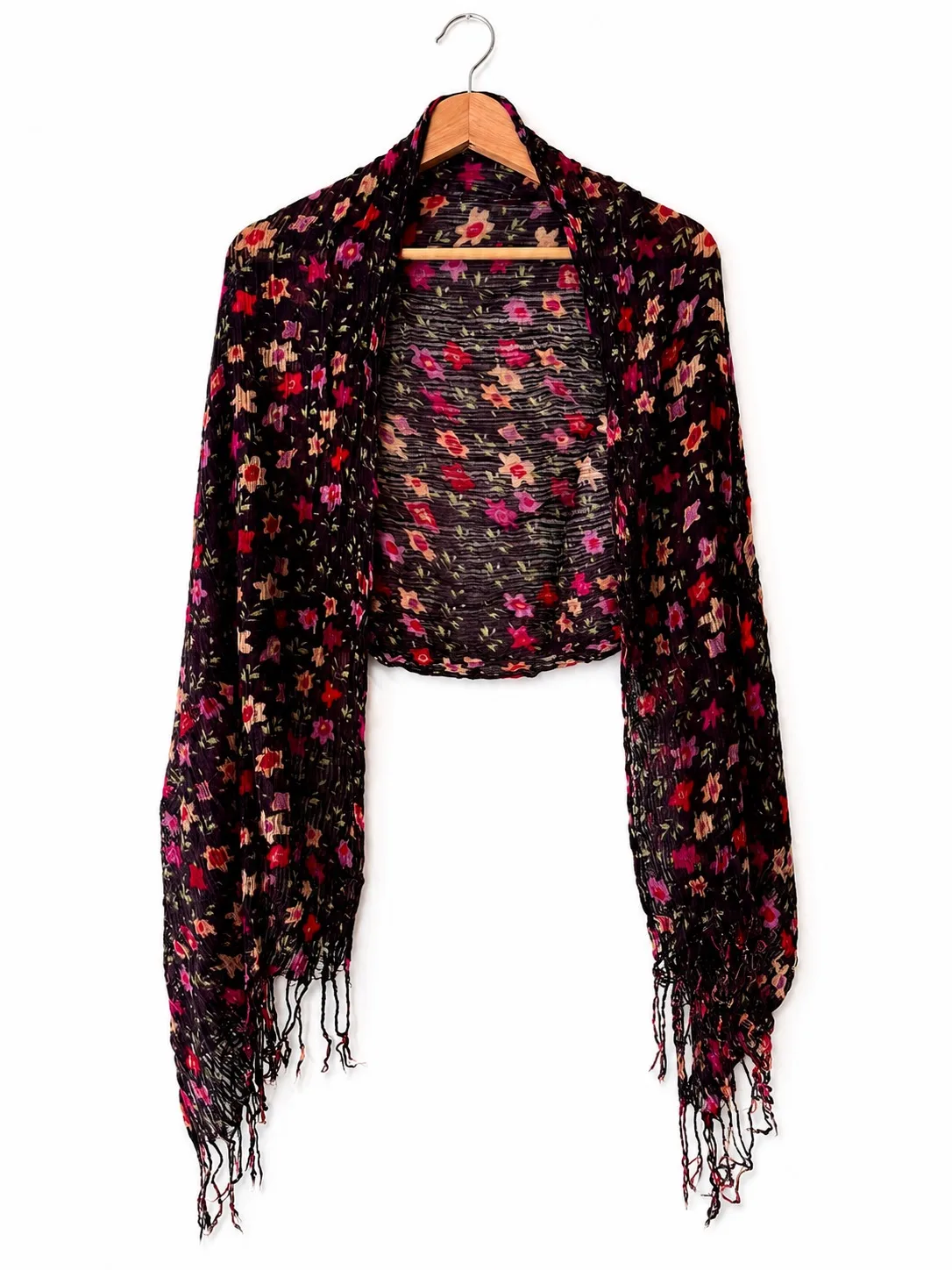 Women's Black Pink Red Cream Multicolour Floral Rectangle Fringe Scarf Shawl — photo 2