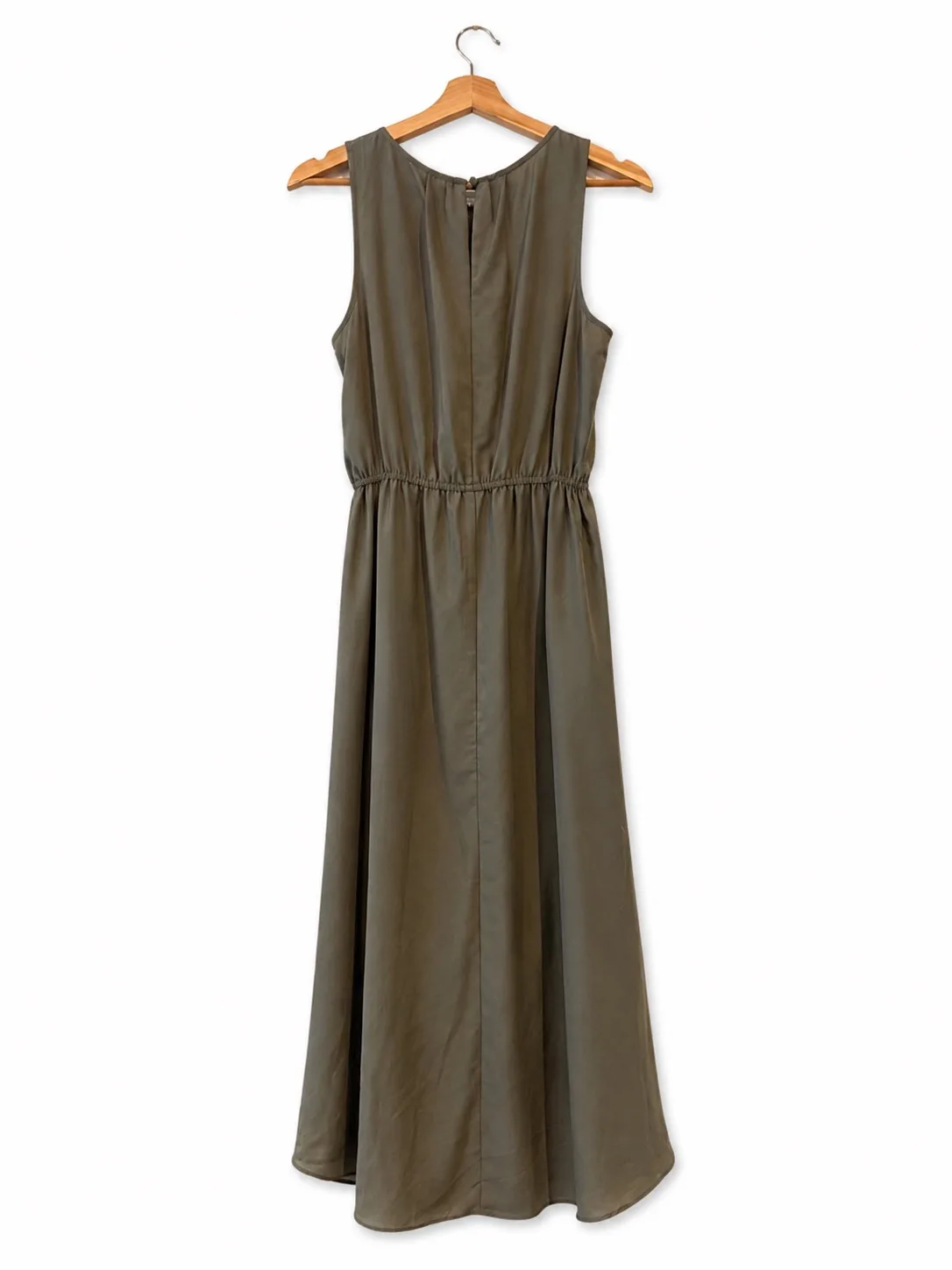 Decjuba Olive Green Solid Round Neck Draped Elastic Waist Sleeveless Dress 14 — photo 3