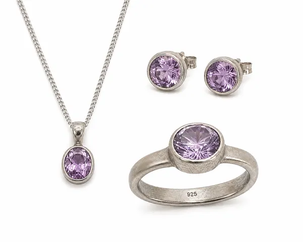 925 Sterling Silver Purple Crystal Set Necklace Ring Stud Earrings