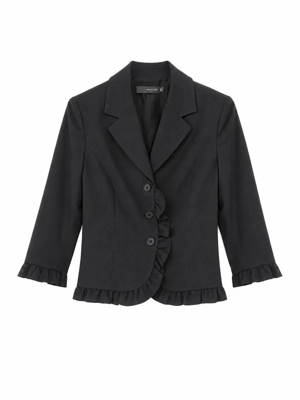 INVIO Women's Black Ruffle Trim Button Blazer Jacket Lined 3/4 Sleeve Size 8