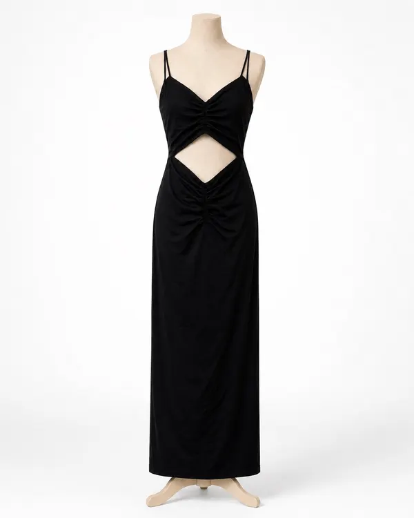 Glassons Black Cut-Out Ruched Stretch V-Neck Spaghetti Strap Maxi Dress XS