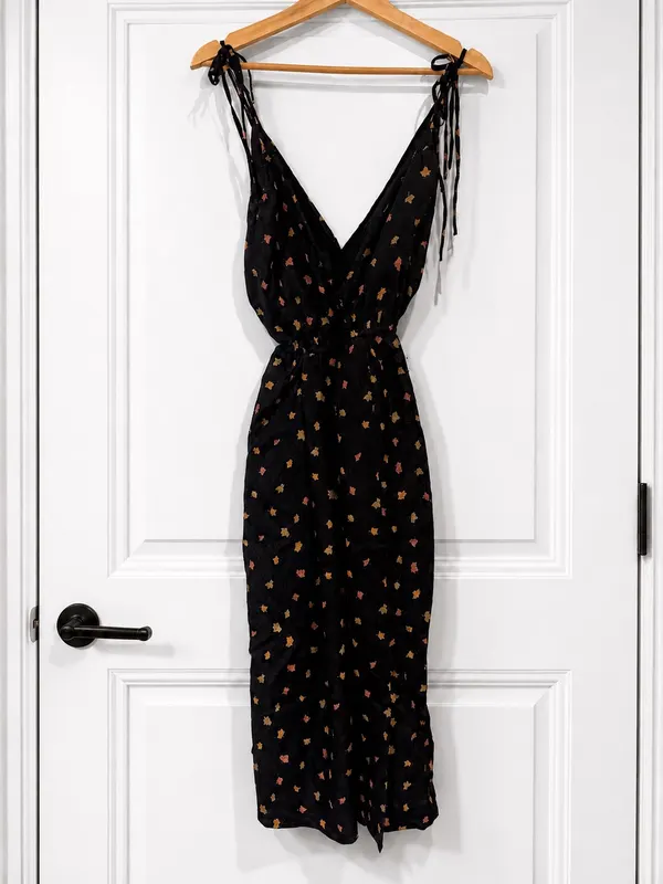 Vintage Prue Acton Black Floral V-Neck Tie Strap Sleeveless Midi Dress Size 10