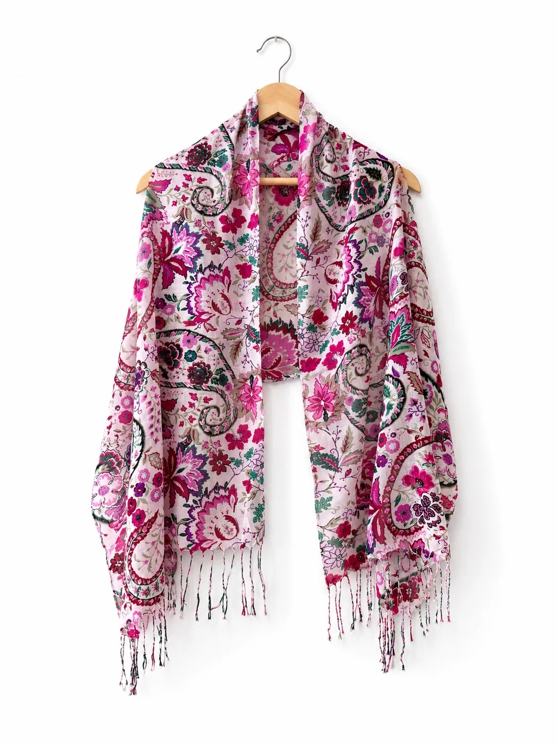 Women's Pink Purple Green Multicolour Paisley Floral Chiffon Shawl Fringe Scarf — photo 2
