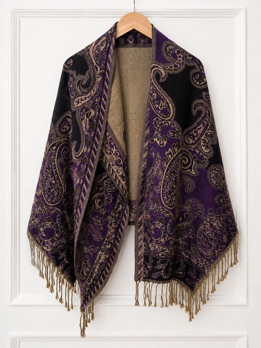 Women's Purple Black Gold Paisley Jacquard Shawl Wrap Fringe — photo 2