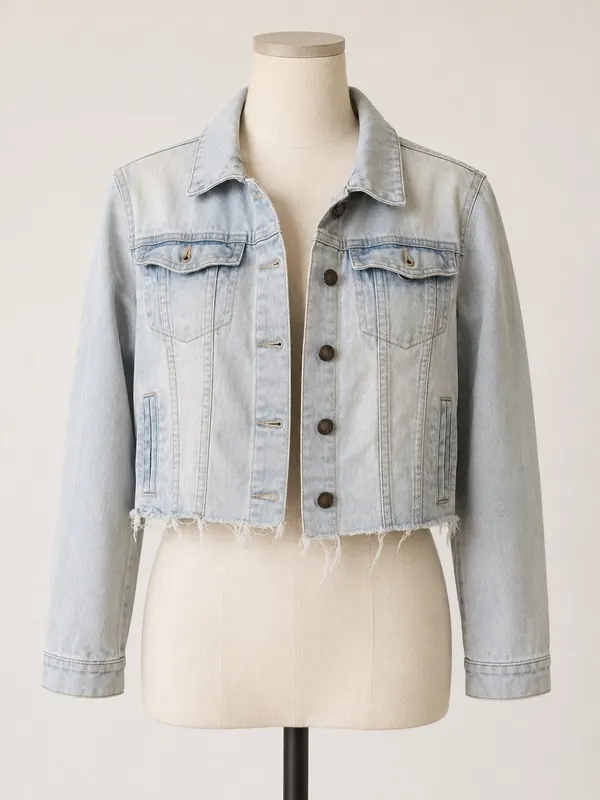 Women's Light Blue Cropped Denim Jacket Button Front Frayed Hem fits size AU 8