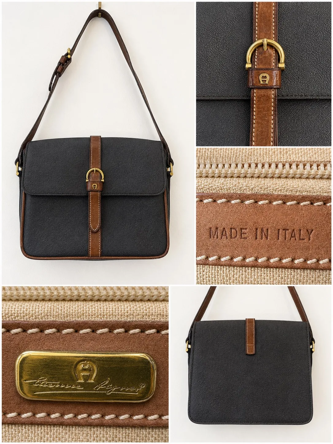 Vintage Etienne Aigner Lamb Leather Shoulder Bag Black Brown Buckle Gold Italy — photo 3