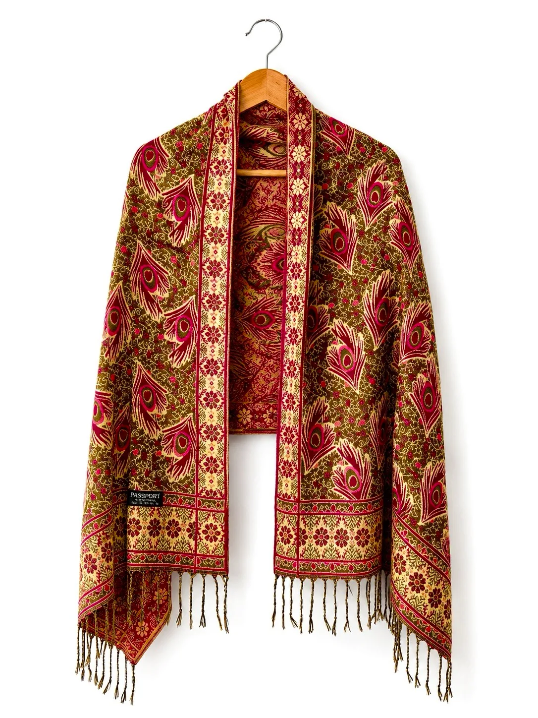 Pashmina Women's Pink Beige Olive Paisley Cashmere Woven Fringe Scarf Shawl — photo 2