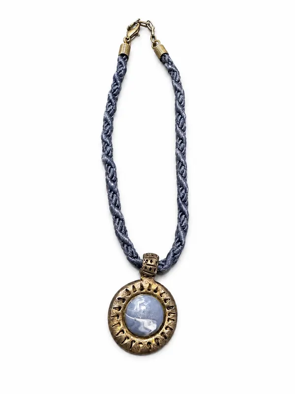 Vintage EH Designer Jewellery Silver Tone Pendant Blue Braided Cabochon 80s USA
