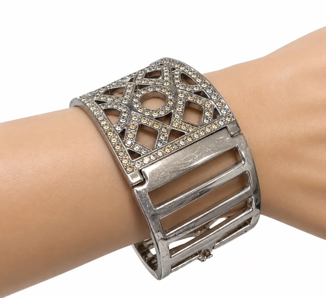 Vintage Retro Silver Tone Geometric Hinged Cuff Bracelet Pavé Set White Crystal – photo 4
