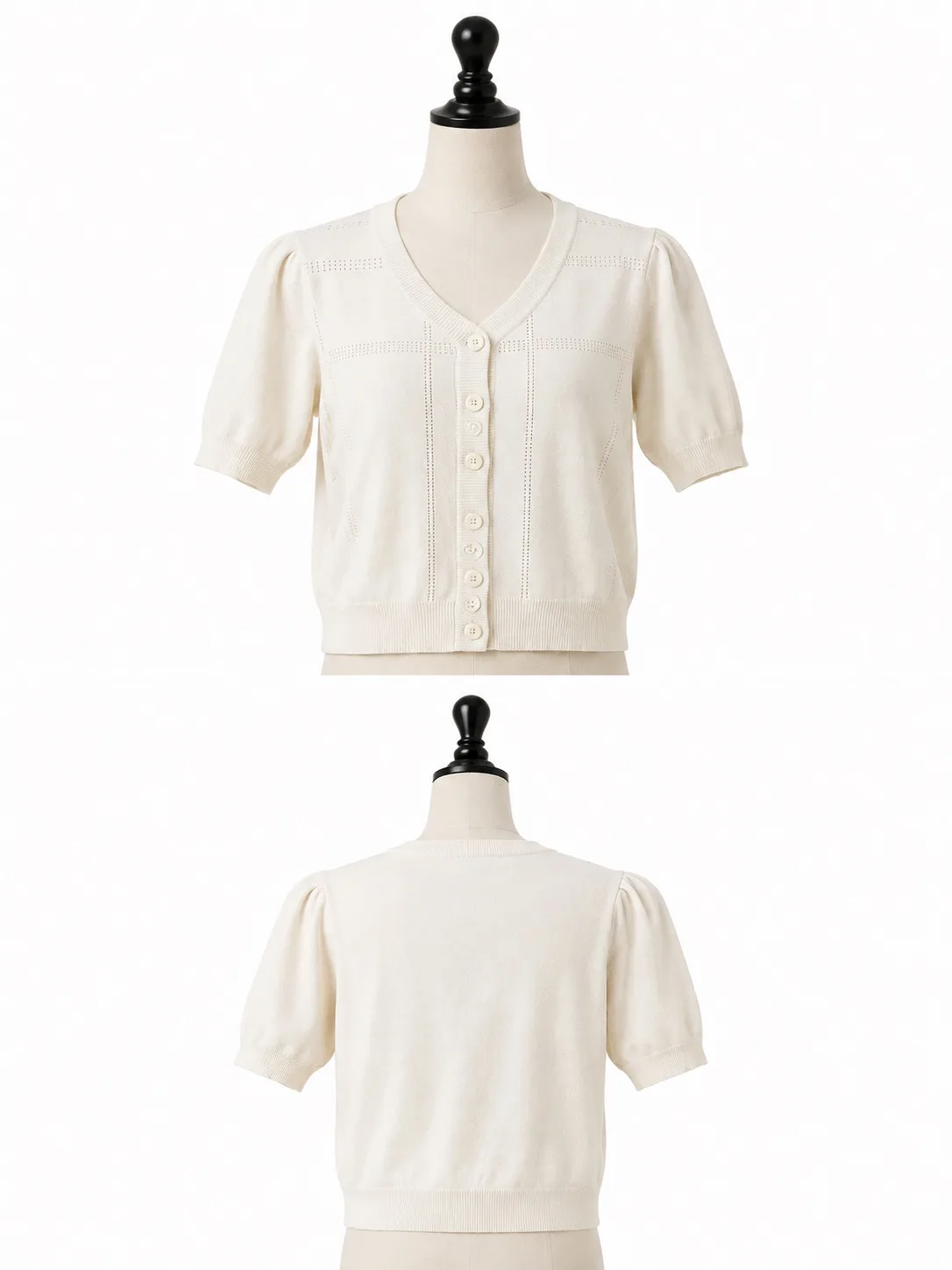 Basque Women's White Knit Puff Short Sleeve Button Up Top Size 10 — photo 2