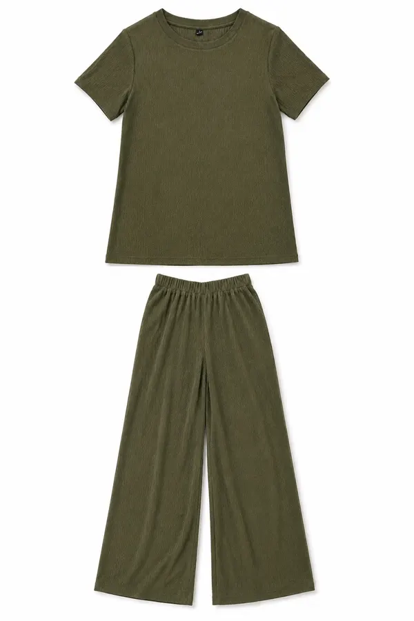 SHEIN Women's 2pc Set Rib Knit T-Shirt & Wide-Leg Pants Size S Olive Green