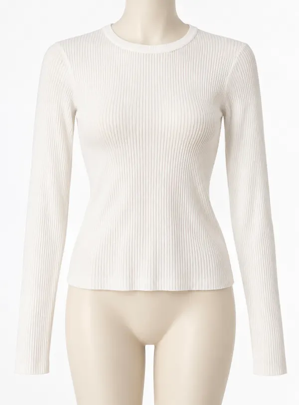 Women's White Ribbed Knit Crew Neck Long Sleeve Stretch Top Solid Viscose Blend