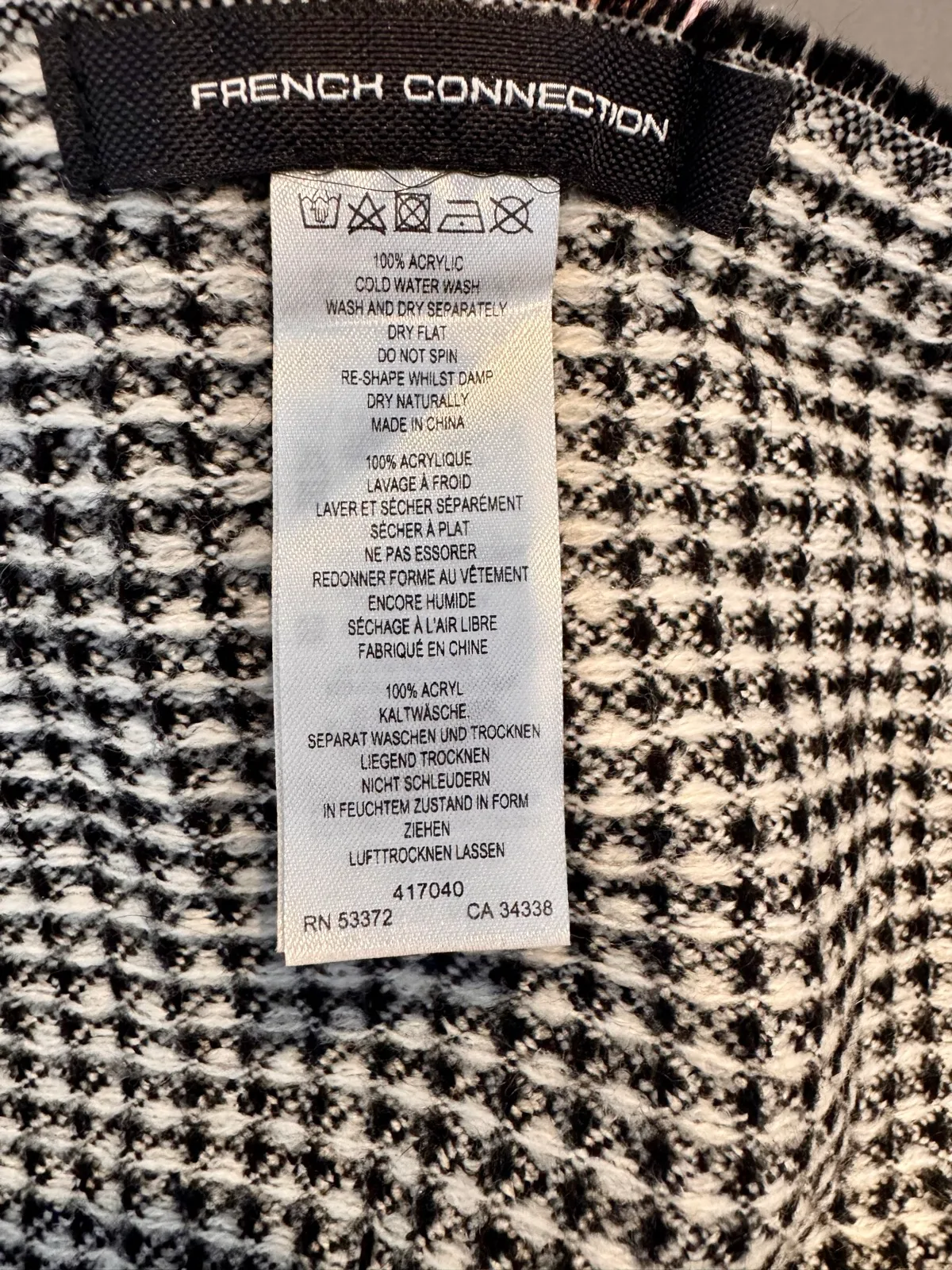 French Connection Black White Check Knit Fringe Scarf Shawl Throw Pink Stripe — photo 5