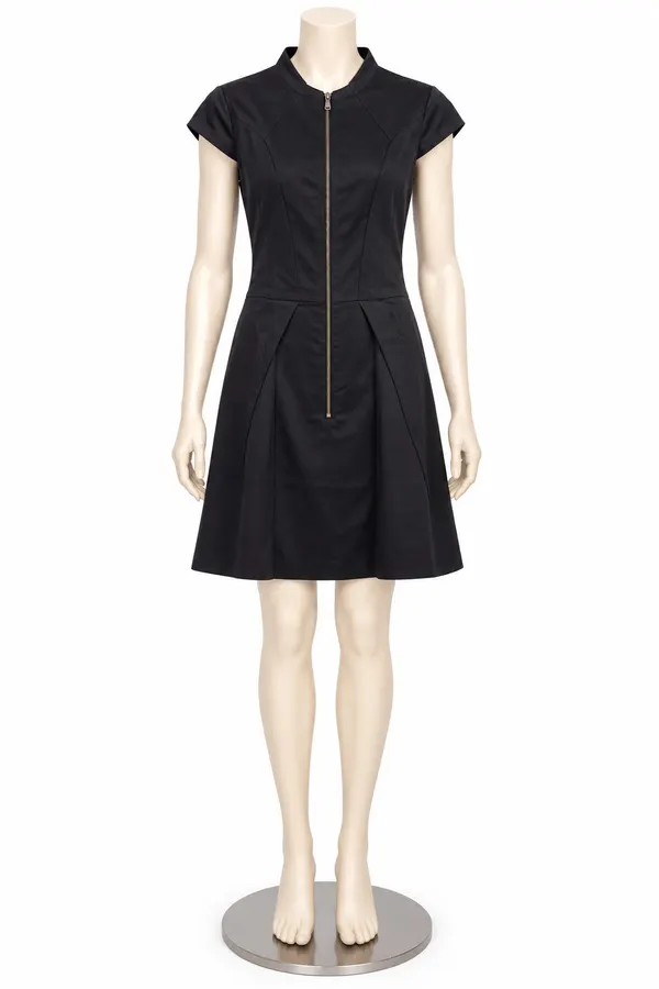 Cue Black High Neck Cap Sleeve Fit & Flare Zip Front Lined Dress Size 10