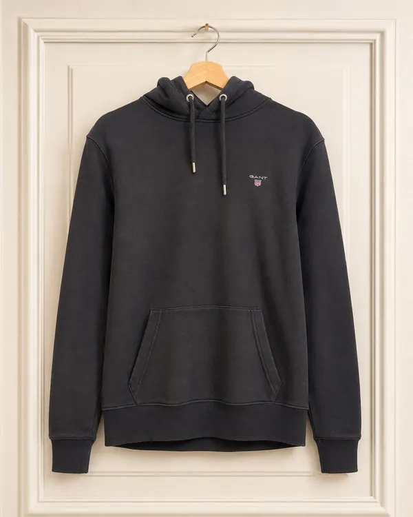 GANT Men's Black Solid Pullover Hoodie Logo Drawstring Size M