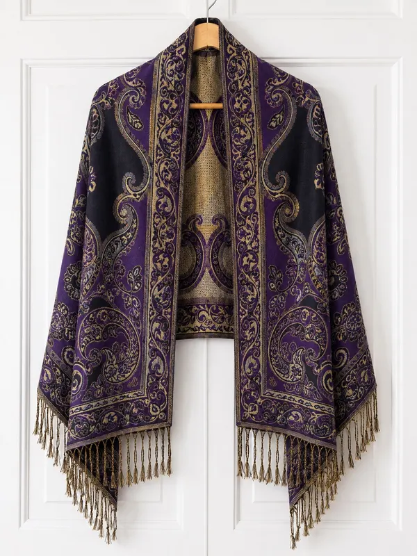 Women's Purple Black Gold Paisley Jacquard Shawl Wrap Fringe