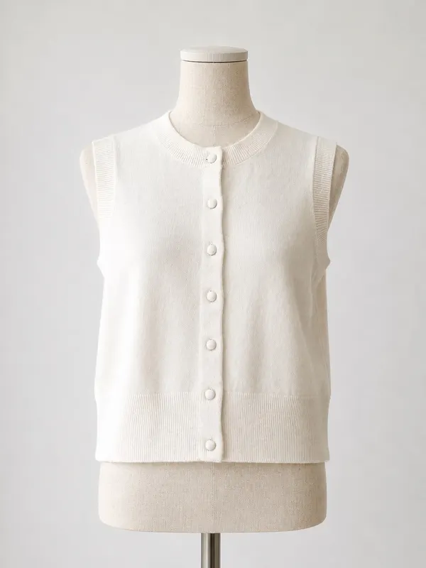 Portmans Women's Ivory Knit Crew Neck Sleeveless Button Front Cardigan Jumper XS