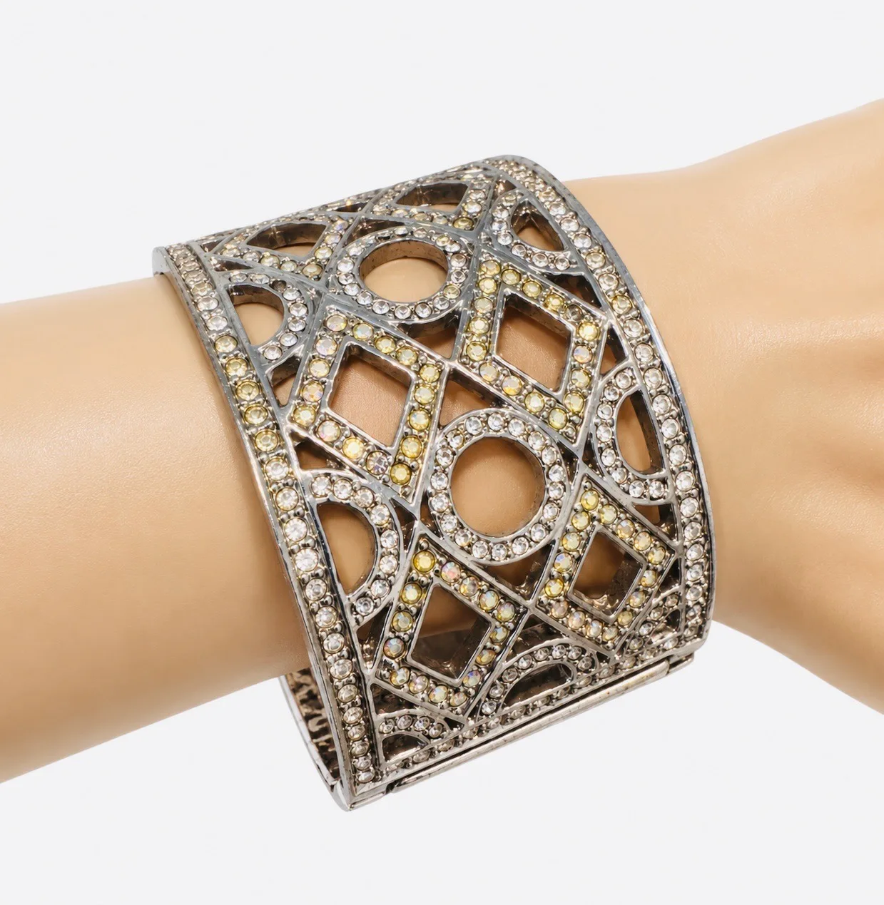 Vintage Retro Silver Tone Geometric Hinged Cuff Bracelet Pavé Set White Crystal – photo 3