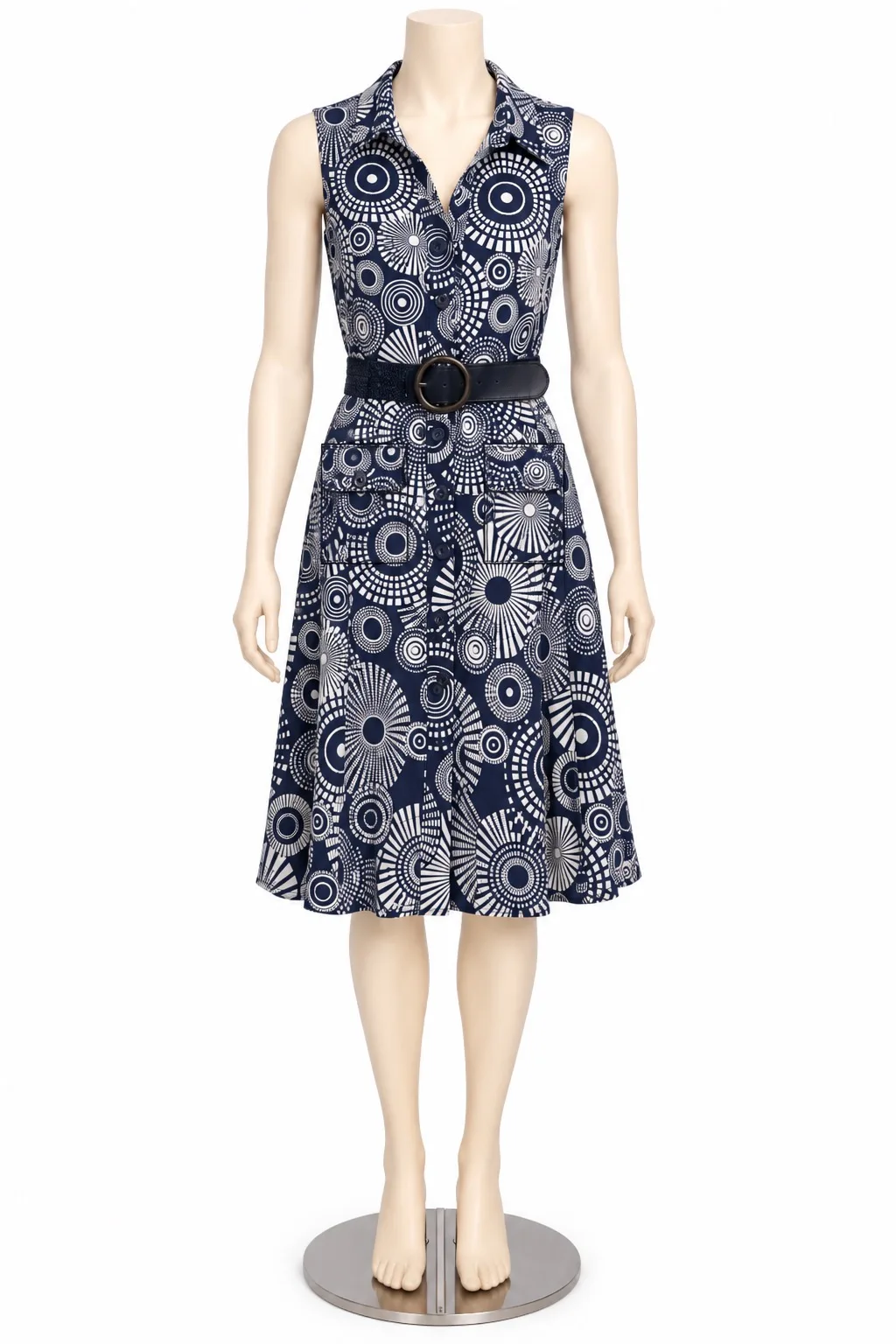 Millers Blue White Geometric Collared Sleeveless Belted Shirt Dress Size 16 – photo 2