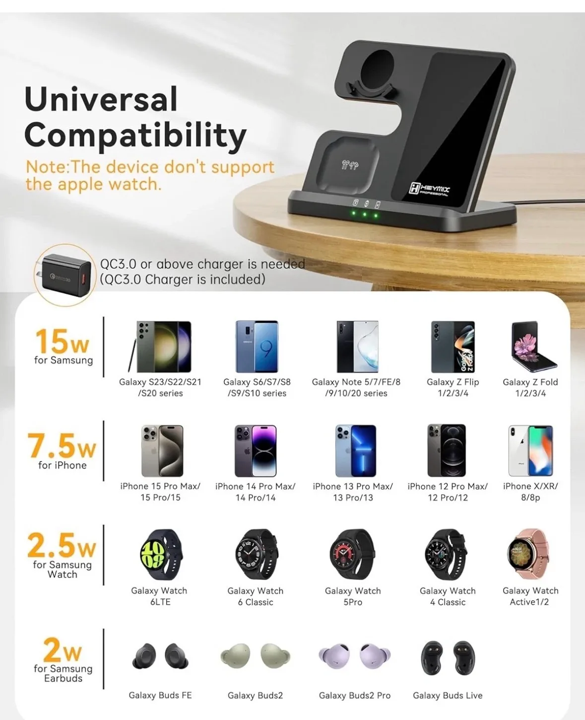 HEYMIX 3 in 1 Fast Wireless Charging Station Samsung S24/S23 Ultra Watch BNIB — photo 2