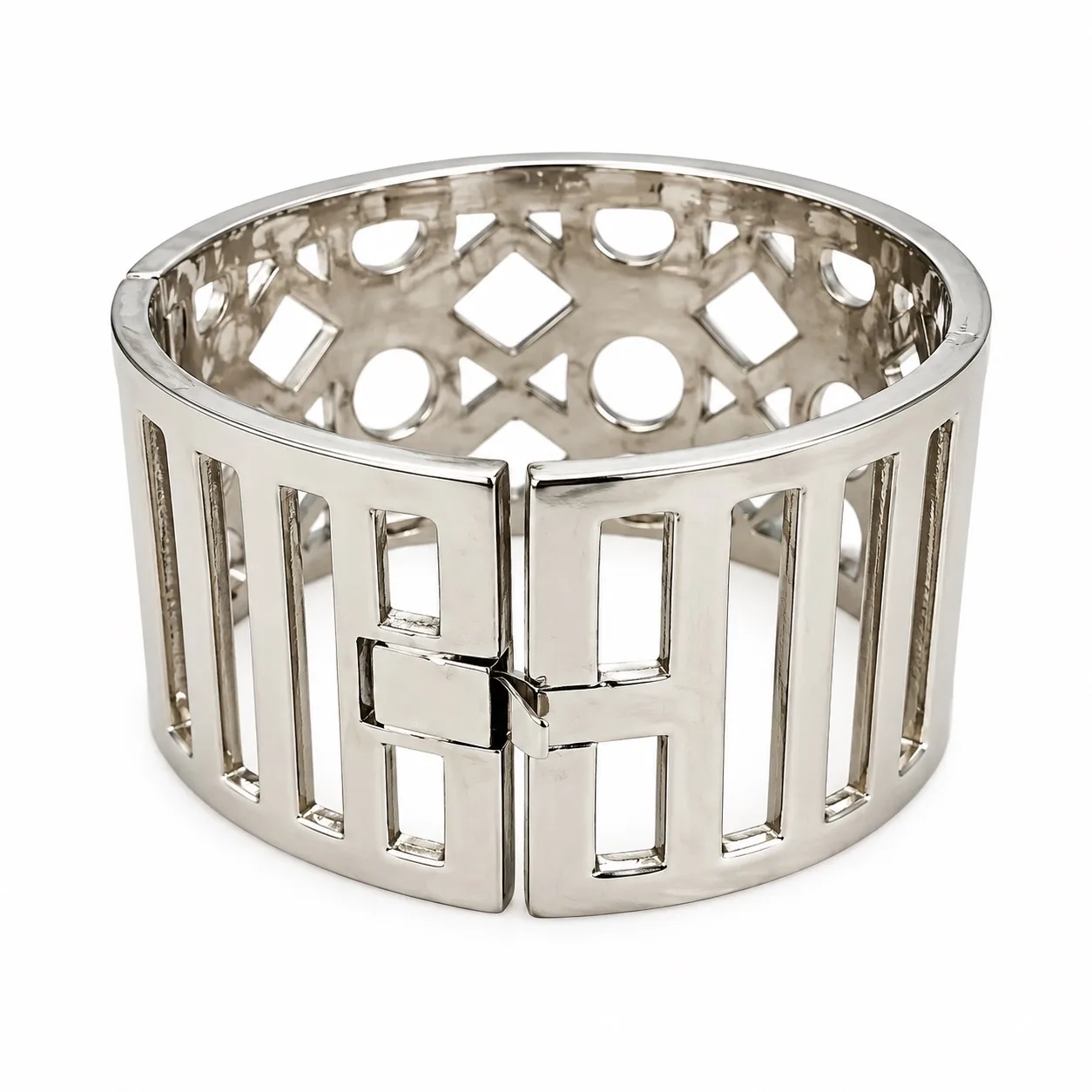 Vintage Retro Silver Tone Geometric Hinged Cuff Bracelet Pavé Set White Crystal – photo 2