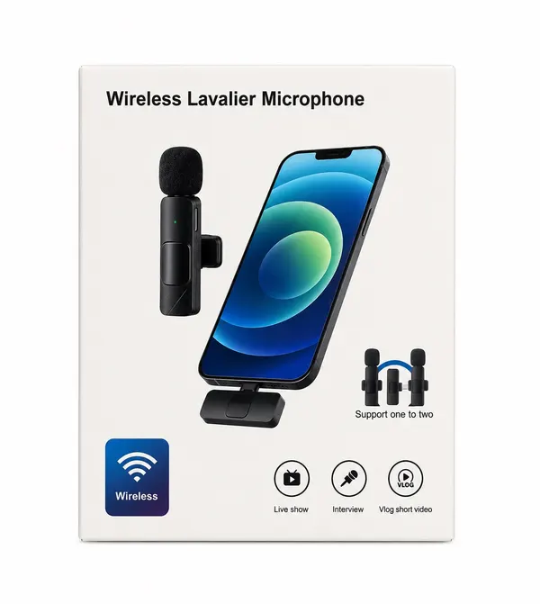 Wireless Lavalier Microphone Black Stick On Android iPhone Vlog Live Stream Mic