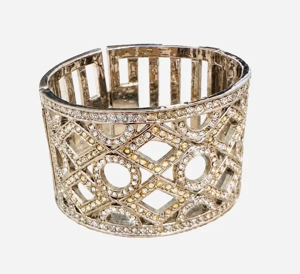 Vintage Retro Silver Tone Geometric Hinged Cuff Bracelet Pavé Set White Crystal