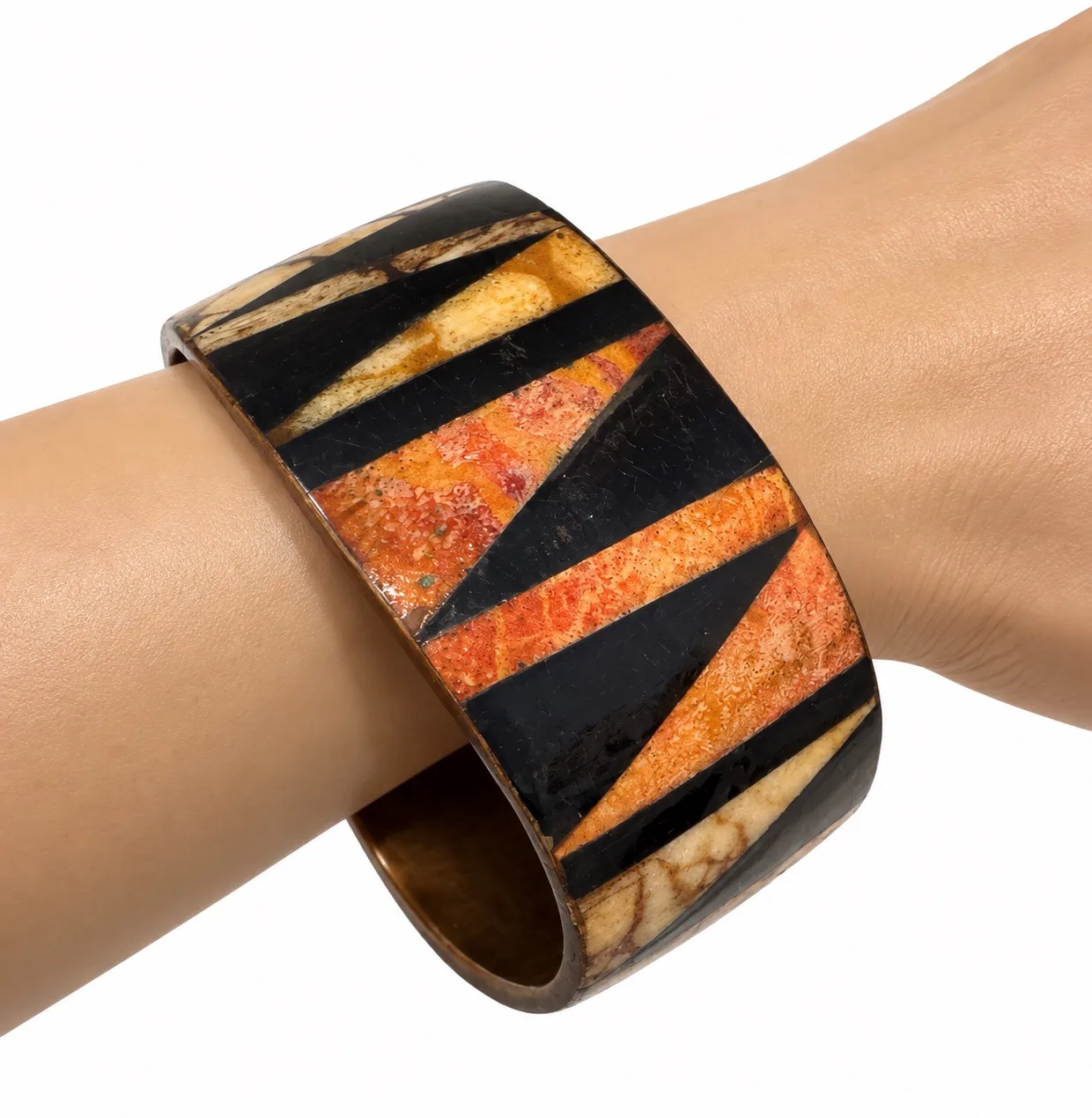 Vintage Retro Wide Geometric Inlay Oval Bangle Bracelet Cuff Black Orange Beige – photo 2
