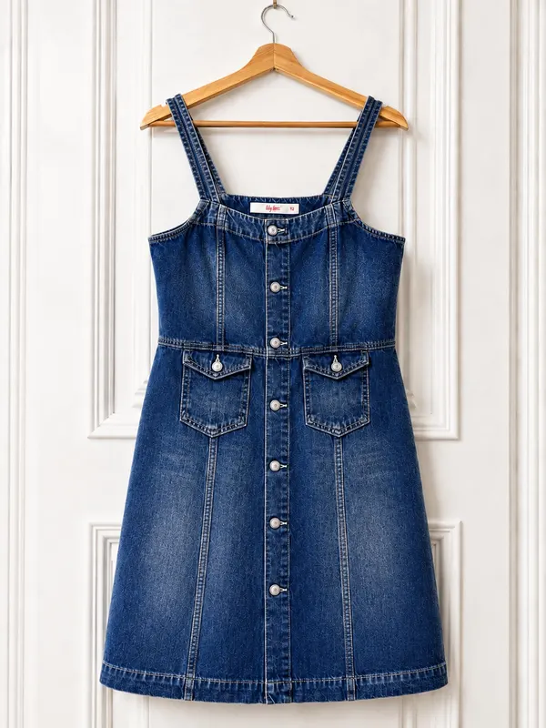 Lily Loves Blue Denim Button Front Pockets Square Neck Size 12