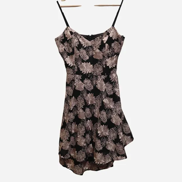 Forever New black & pink floral mini dress with ruffle hem, size 10