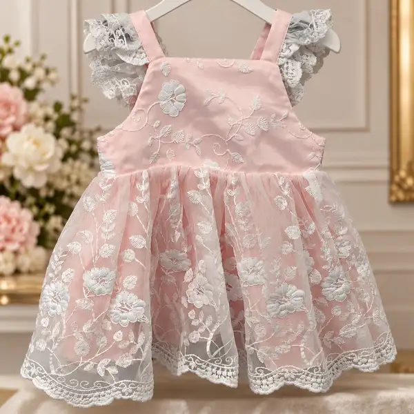 Babydoll pink dress with white embroidered flowers size 000