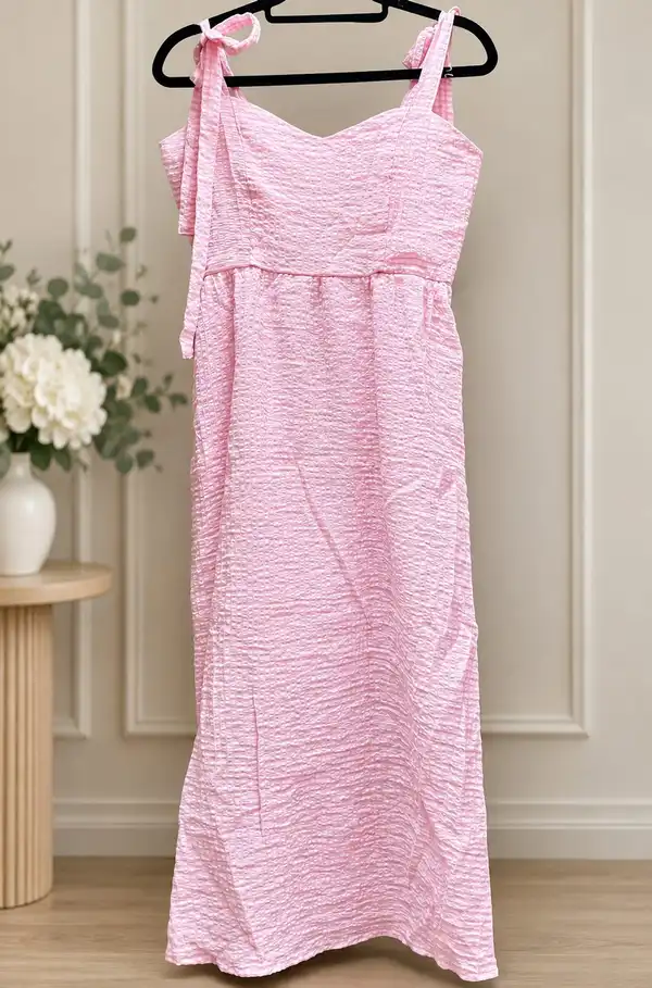 Valley Girl Pink Seersucker Maxi Dress With Check Print Size 12