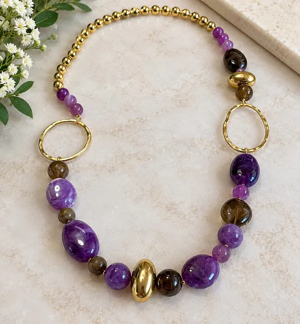 TS purple stone pendant necklace with chain and ball connectors