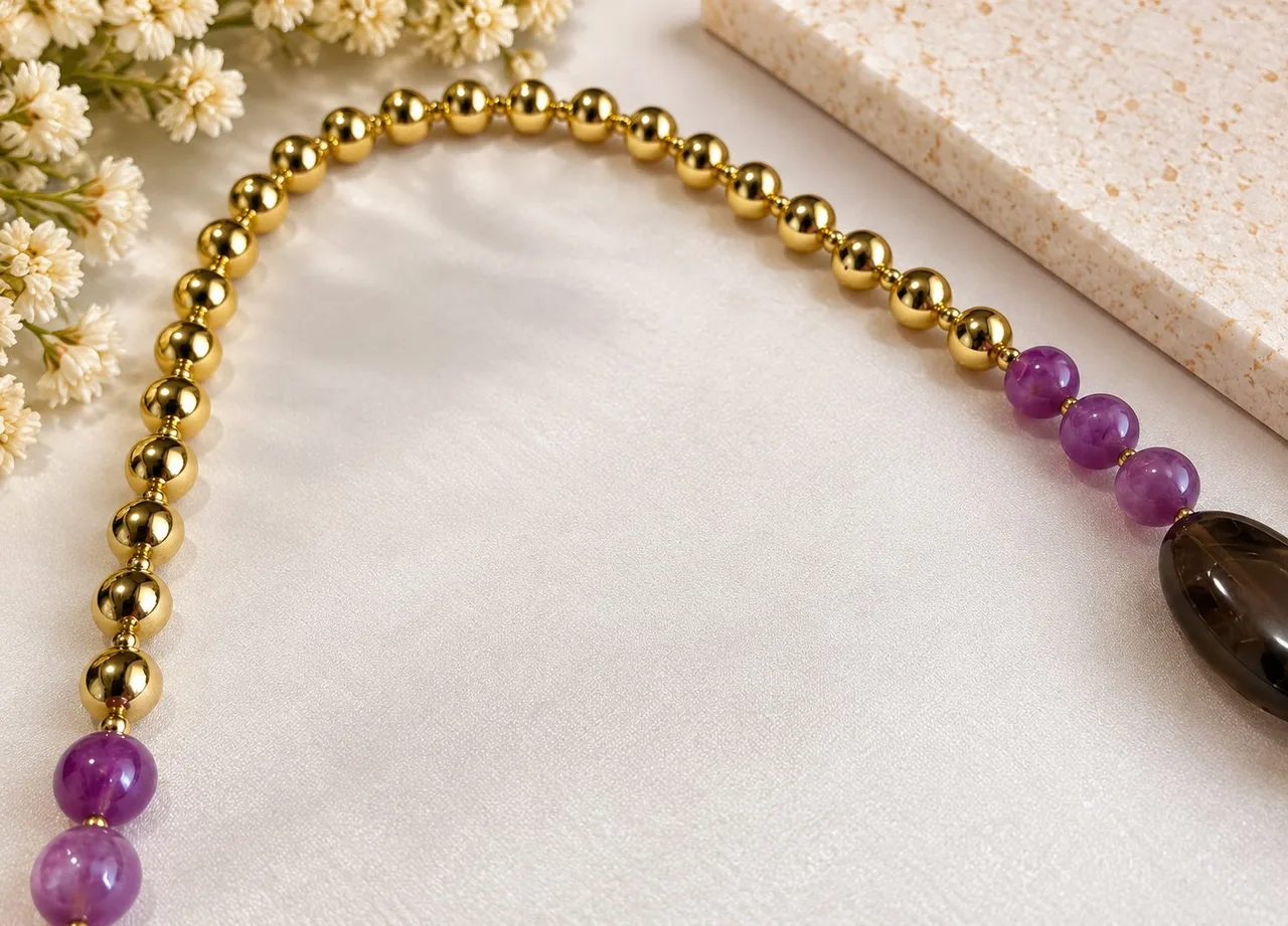 TS purple stone pendant necklace with chain and ball connectors – photo 4