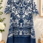 DWIJ boho tunic top/ dress  100% cotton in blue tones and white - Size 12 – photo 4