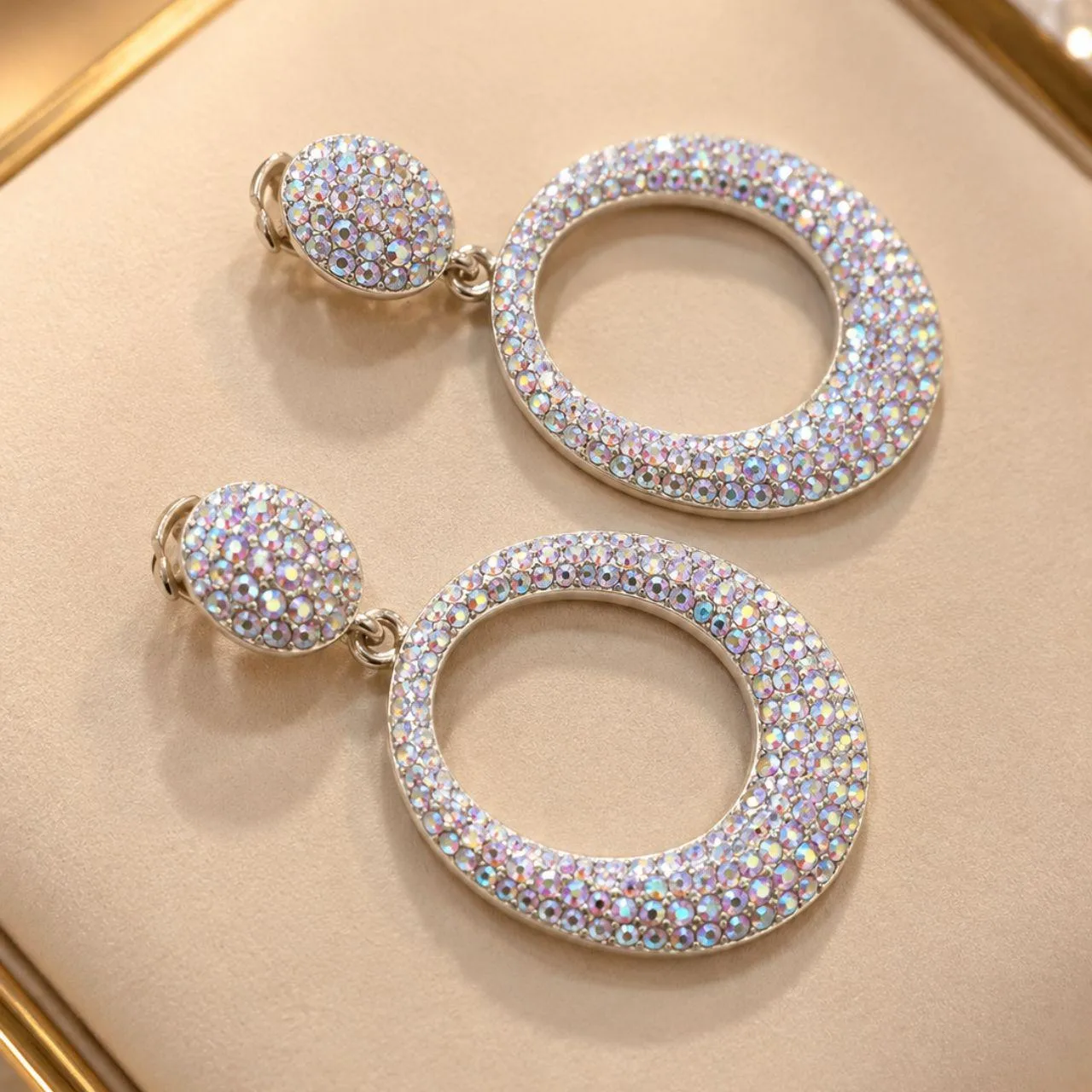 Stunning AB Aurora Borealis Crystal Oval Drop Statement Earrings – Silver Tone – photo 2