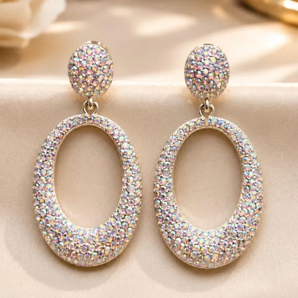 Stunning AB Aurora Borealis Crystal Oval Drop Statement Earrings – Silver Tone