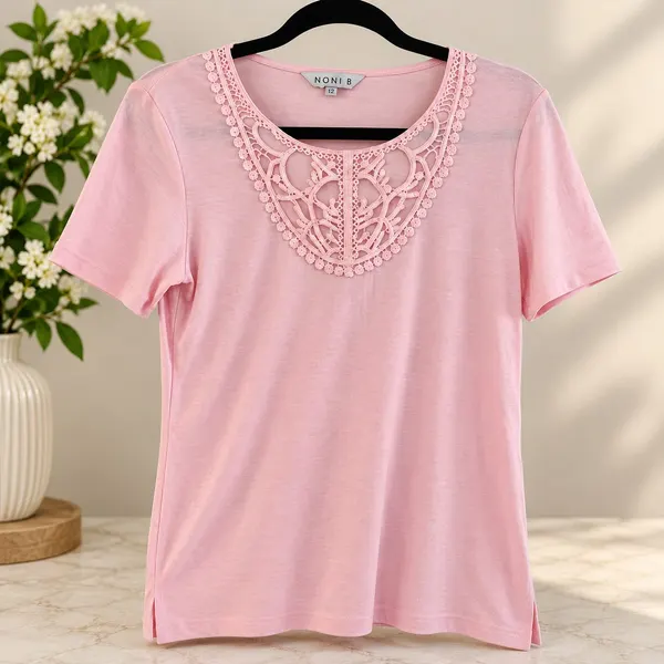 Noni B pink cotton t/shirt with lace feature at neck - Size S