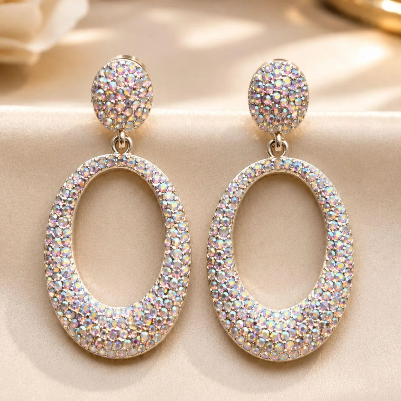 Stunning AB Aurora Borealis Crystal Oval Drop Statement Earrings – Silver Tone – photo 3